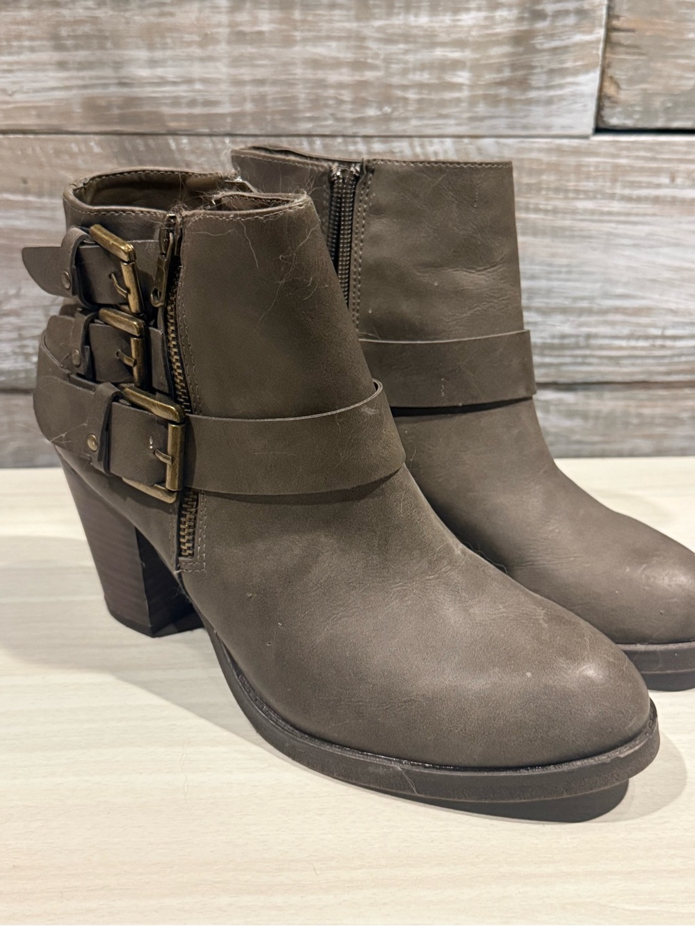 Just Fab Women’s Taupe Ankle Booties with Buckle Accent (never worn)